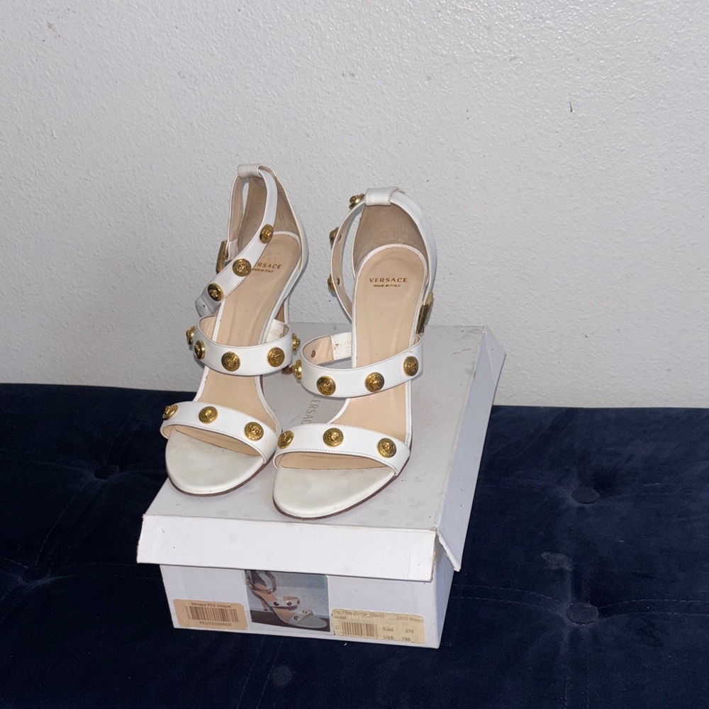 Versace White Heels with Gold Accents